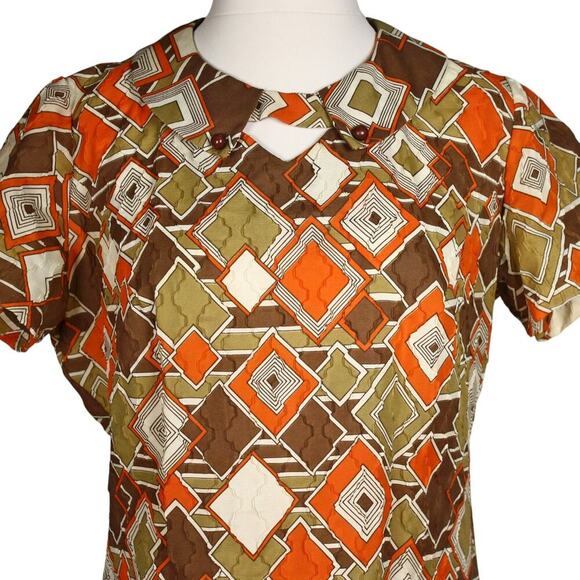 Vintage Mod Keyhole Dress Brown Orange Geometric Metal Zip B36 W34 Sz M -Hey Viv - Picture 2 of 7